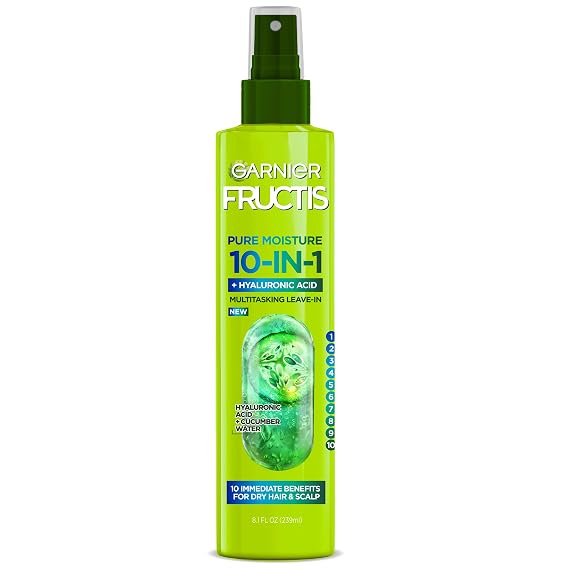 Garnier Fructis Pure Moisture 10-in-1 Spray for Dry Hair and Scalp, Hyaluronic Acid, 8.1 Fl Oz, 1 Count (Packaging May Vary)