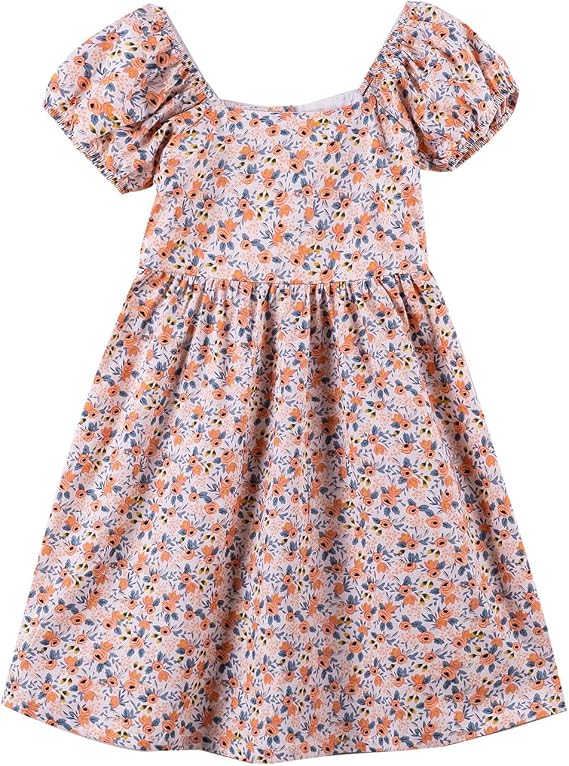 Noomelfish Girls Short Sleeve Floral Dress Casual Flower Printed Smocked Dresses (2-12 Years)