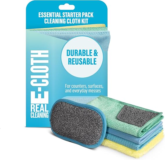 E-Cloth Essential Starter Pack, Reusable Cleaning Cloth Kit | Window, Glass, Kitchen Cleaning Towels, Washing up Pad, Streak Free & Shiny Finish, Cleans with Just Water