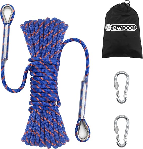 NewDoar 14KN Static Climbing Rope 8mm Accessory Cord Equipment 33FT(10M) 66FT(20M) 98FT(30M) 165FT(50M) Escape Rope with 2 Carabiners for Ice Climbing Fire Rescue Rope Safety Rope