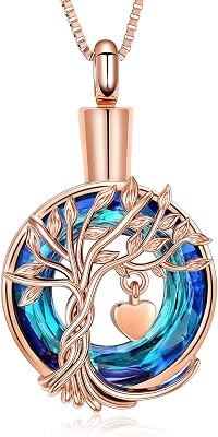 Cremation Jewelry Tree of Life Urn Necklace for Ashes Stainless Steel Ashes Pendant Circle Crystal for Women Men Keepsake Memorial for Jewelry Gifts