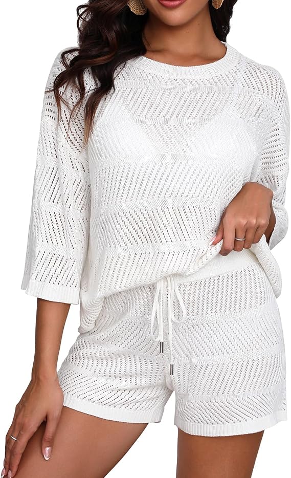 Women's Two Piece Coverup Set - Crochet Beach Cover Ups with Shorts Half Sleeve Swimsuit Bathing Suit Coverups White M