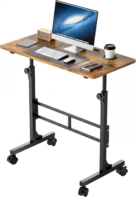 Furmax 31.4" Small Portable Standing Desk Height Adjustable with Lockable Wheels, Mobile Stand Laptop Computer Workstation for Walking Pad Treadmil (Rustic)