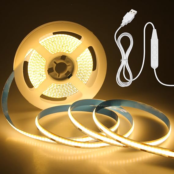 Aclorol 3M COB LED Strip Light Warm White 3000K 5V USB Flexible LED Light Strip 8mm Width Dimmable CRI85+ Dotless Tape Light High Density 320LEDs/M for Bedroom Kitchen Under Cabinet Home Decor [Energy Class D]