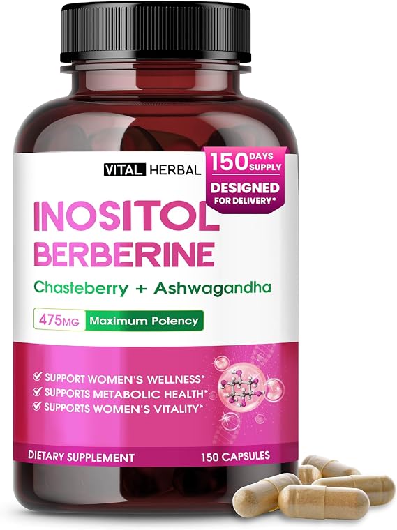 Vital Herbal Inositol Supplement, with Berberine HCL, Chasteberry, Ashwagandha, Ceylon Cinnamon, Womens Wellness & Metabolic Support*, 1 Capsule Daily (150-Day Supply), Non-GMO, Gluten Free