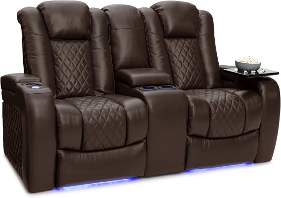 Seatcraft Euphoria Brown Italian Leather Home Theater Seating, Powered Headrest Heat and Massage Power Recliner Loveseat with Storage Console for Family Cinema Room, Gaming and Home Office Chair