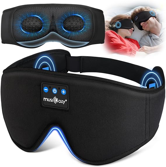 MUSICOZY Sleep Mask Headphones,100% Blackout 3D Eye Mask with Bluetooth Headphones,Comfortable Sleep Headphone with 16Hrs Playtime,No Pressure Bluetooth Sleep Mask for Side Sleepers,Travel,Nap | Comfortable Eye Mask with Bluetooth Headphones, No Pressure & 16Hrs Playtime. For Travel, Nap & Daily Relax,Side Sleepers
