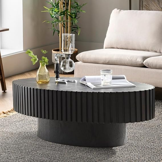 Wood Drum Coffee Table, Oval Drum Handcrafted Coffee Table with Sturdy Pedestal, Olive-Shaped Tea Tables Low Center Tables for Living Room Apartment,Oval Black