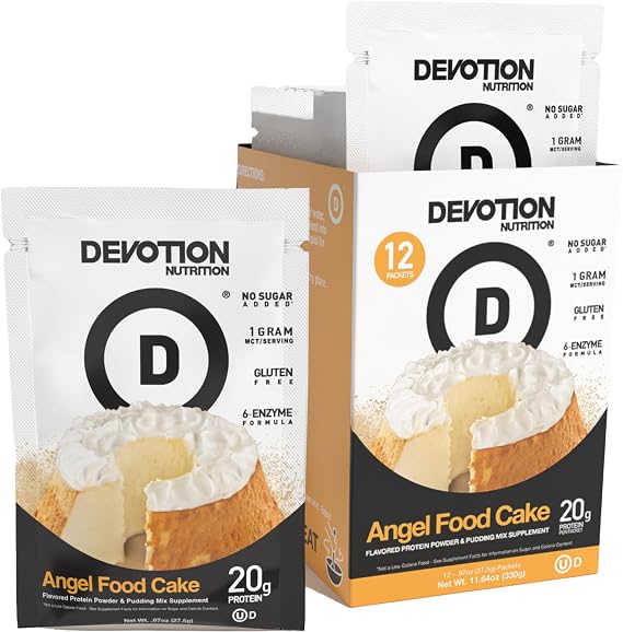 Devotion Nutrition Angel Food Cake Protein Powder for Shakes, Baking, Pancakes, Desserts 20g Whey Isolate & Casein Blend No Added Sugar, Low Carb, Gluten-Free, Keto-Friendly with MCT 12 Packets