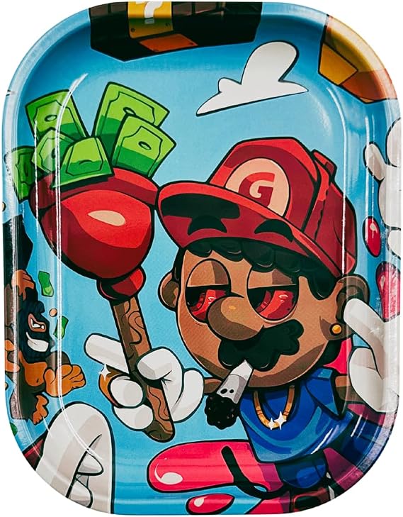 Rolling Tray. Funny Design. Rollin Tray is 7 x 5.5 inches. Cartoon Rolling Tins are Durable. (Mario, 7 inches x 5.5 inches)