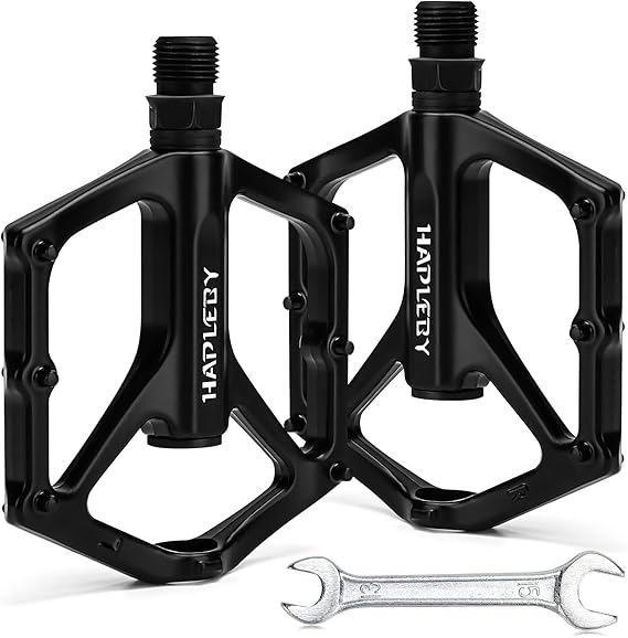 Hapleby Premium Bike Pedals of 9/16 Inch, Professional Mountain and Road Bike Flat Pedal with 2 Sealed Bearings, Wide Paltform and Lightweight of Bicycle Pedals, Come with Pedal Wrench 1PCs