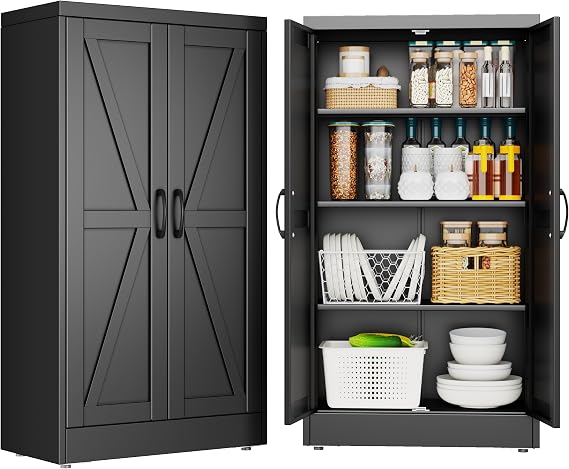 Metal Pantry Cabinet, Kitchen Pantry Storage Cabinets with 2 Door, Black