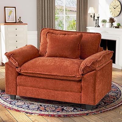 CDCASA Oversized Accent Chair, Chenille Comfy Cloud Sofa Chair with Large Seat and Upholstered Armrests, Modern Extra Wide Armchair Reading Chairs for Bedroom, Living Room,Terracotta Orange