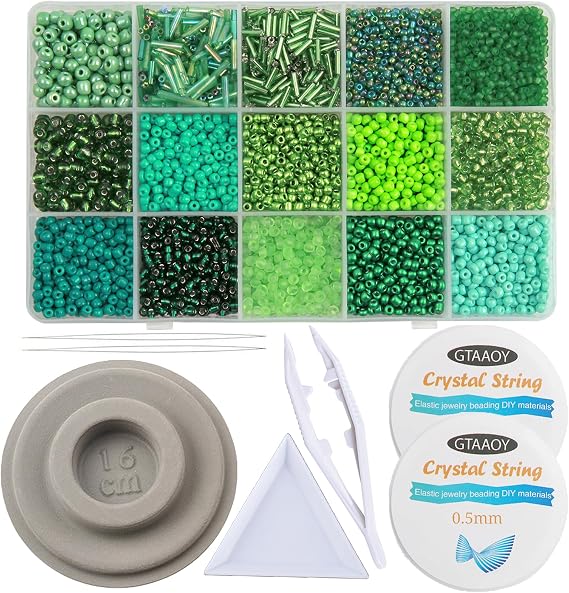 GTAAOY Mix 15 Color Glass Seed Beads, Glass Bugle Beads Tube Beads for Adults, Bracelet Bead Boards, Tweezers,Elastic Sting for Jewelry Making(Mix