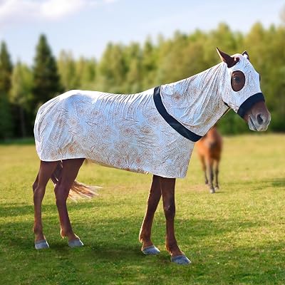 Stretch Spandex Full-Body Horse Sheet with Zipper Hood and Belly Wrap | Comfort Horse Slinky Full Body56-65Inch,White,L