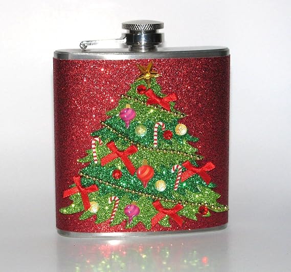 Red Christmas Tree Sparkly Glitter Bling Stainless Steel 8 Oz Liquor Hip Flask Flasks