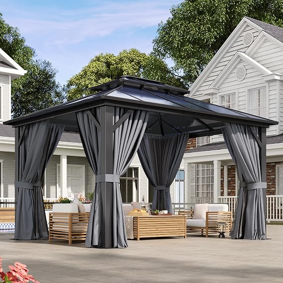 Aoxun 12'x10' Hardtop Gazebo with Polycarbonate Double Roof, Gray
