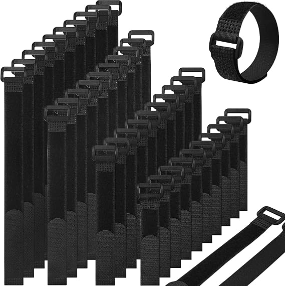 Adjustable Cable Straps 40pcs with 40 Buckles, Black Reusable Fastening Cable Ties, Hook and Loop Securing Strap for Cable Tidy, Wire Management, Cord Organiser 2cm Wide