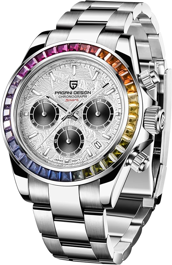 TYBERLEY Pagani Design Classic Mens Quartz Wrist Watch Japan VK63 Movement Ceramic Bezel Stainless Steel Waterproof Business Sport Chronograph Date, Meteorite-Rainbow-PD1644, Modern