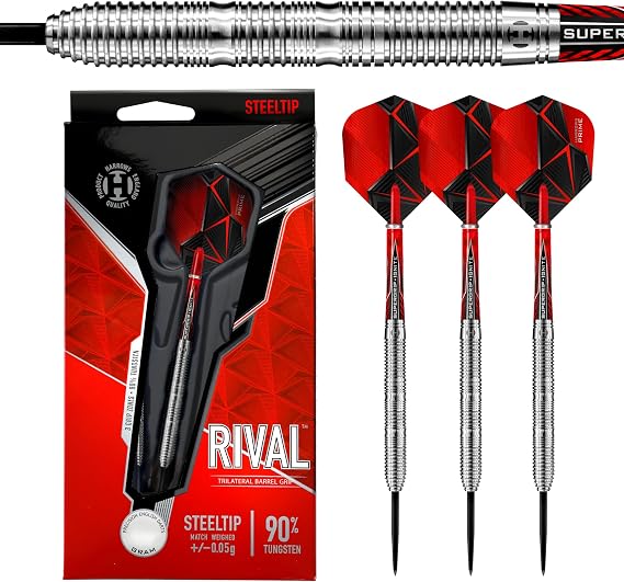 Harrows Rival 90% Tungsten Barrel Steel Tip Darts Set 21g, 22g, 23g, 24g, 25g & 26g - Includes Trilateral Barrel Grip, Red Supergrip Ignite Midi Shafts & Micron Prime Flights