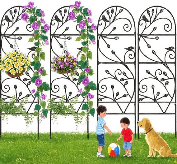Amagabeli 4 Pack Garden Trellis for Climbing Plants Outdoor 46" x 15" Rose Wrought Iron Trellis for Vine Vegetable Flower Ivy Cucumber Decorative Trellis Black