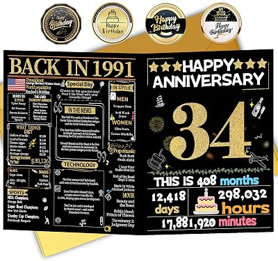 Joycard 34th Anniversary Card for Women Men, Gold Wedding Card for Wife Husband, Sweet Marriage Decorations Gifts for Couple, Perfect for Her Him on Anniversary Day, Back in 1991
