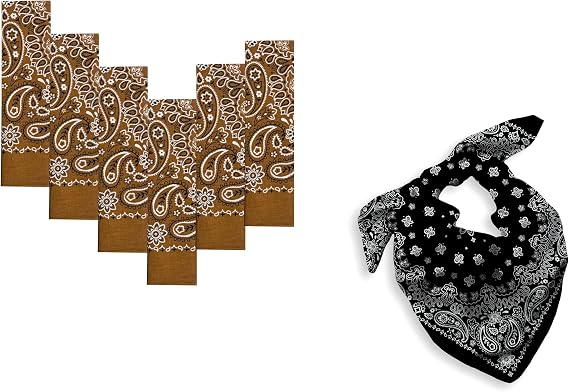 6 Pack Brown Bandanas Bundle 1 Pack Black Bandana -100% Cotton, 22x22 Inches