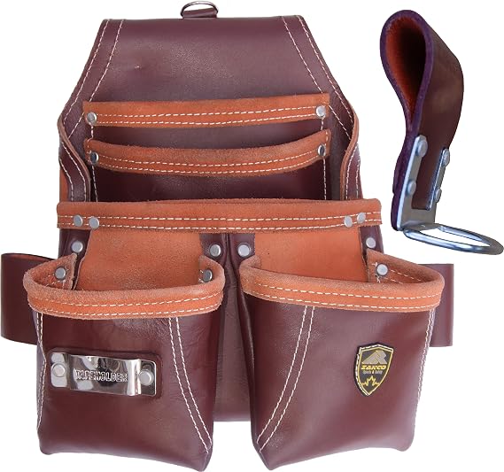 PRO-16 Genuine Leather 5 Pocket Tool Belt with Dual Load Nail & Hammer Holder, Framer's Leather Tool Pouch