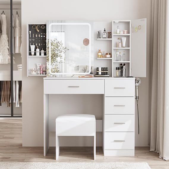 Fameill White Makeup Vanity Desk with Mirror and Lights