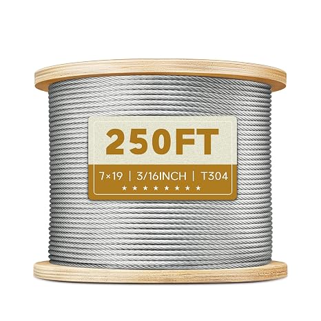 250FT 3/16" Stainless Steel Cable for Deck Railing, 7x19 Wire Rope
