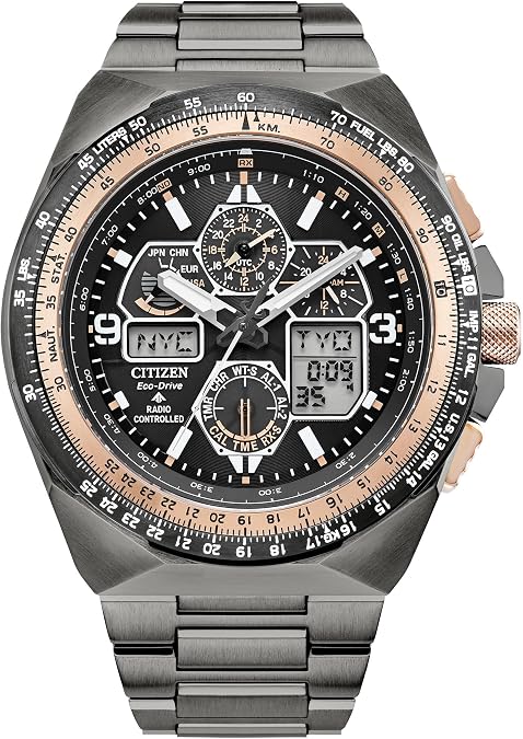 Citizen Men's Eco-Drive Promaster Skyhawk Watch, Gray Stainless Steel Bracelet, Black Dial, Atomic Timekeeping, Chronograph with Perpetual Calendar (Model: JY8146-54E)
