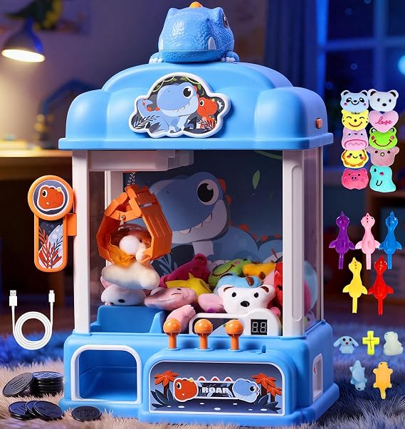 Claw Machine for Kids Boys Dinosaur Toys, Mini Vending Machine with Sound & 20 Mini Toys, Large Candy Grabber Prize Dispenser Electronic Arcade Games, Christmas Birthday Gifts for Boys, Blue