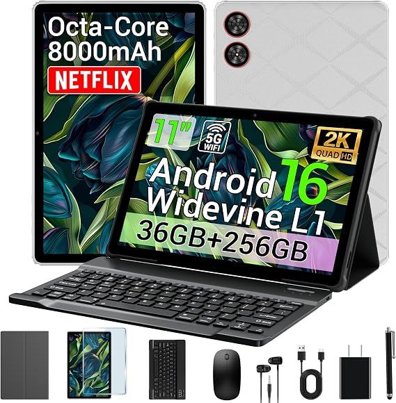 2026 Android 16 Tablet 11 Inch 2K IPS 36GB RAM 256GB ROM (1TB TF) with 3-in-1 Keyboard Mouse Stylus Case T606 8-Core, 8000mAh, Widevine L1, 8+13MP, 5G/2.4G WiFi,PC Experience-Gray