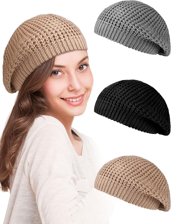 Newcotte 3 Pcs Soft Slouchy Crochet Beret Chic Cutout Beret Hats for Women Lightweight Knit Beanie Caps for Women(Black, Gray, Khaki)