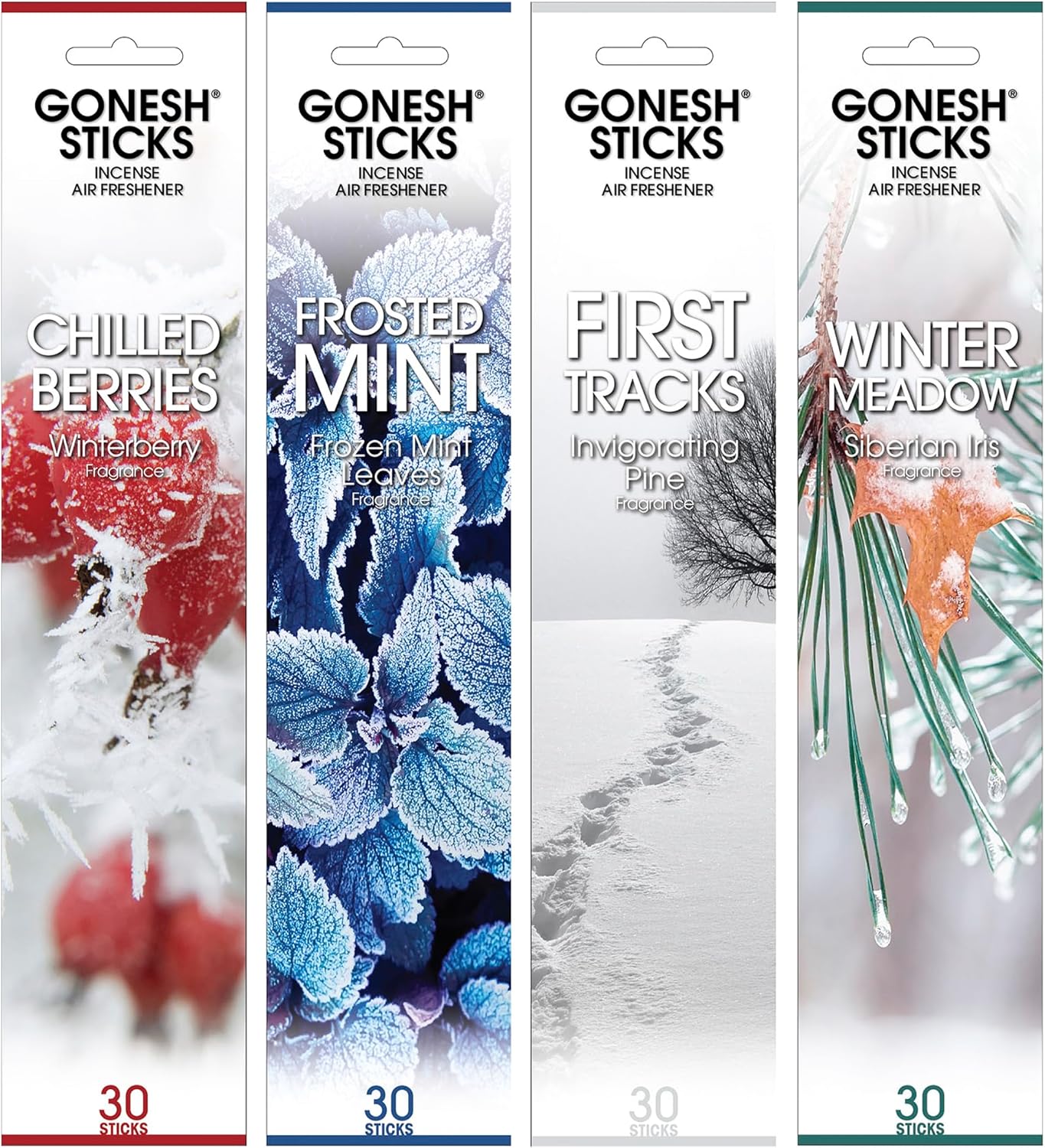 Gonesh Scents of Winter - Incense Sticks Variety Pack - Non-Toxic 10” Slow Burn Aromatic Sticks - Winterberry, Invigorating Pine, Siberian Iris, Mint Leaves - 30 in Each