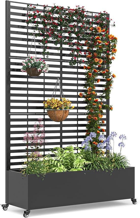 Metal Planter Box with Trellis, 73"x47"x16" Raised Bed with Wheels