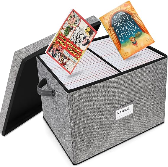 Lukeline Comic Book Storage, Large Comic Book Case with Adjustable Dividers Holds 300 Comics,Collapsible Heavy Duty Comic Bin Container Holder for Magazines, Fabric Organizer Board