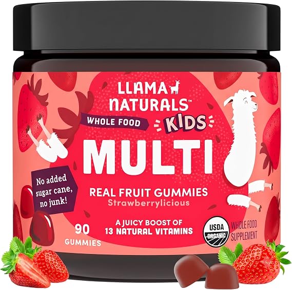 Llama Naturals Kids Multivitamin Gummies | Real Fruit, No Added Sugar Cane | Organic Vegan Toddler Whole Food Vitamins | Vitamin D, C & Beta Carotene Gummy Supplement | Strawberry 90 Ct (1-2 Months)