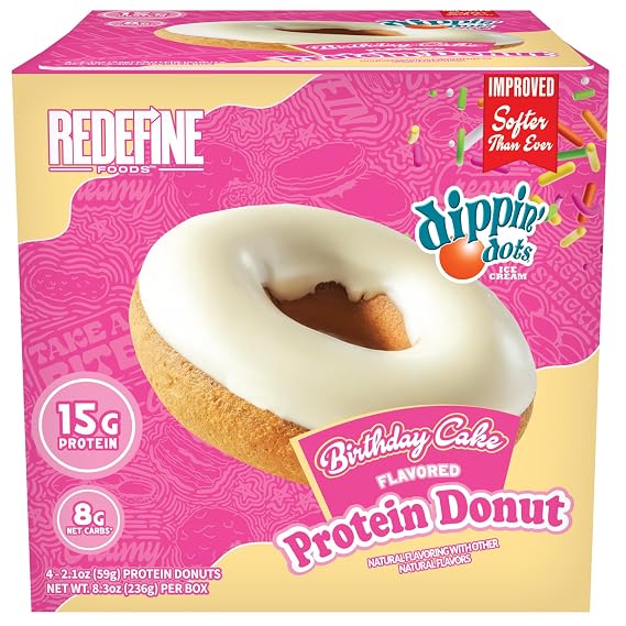 Redefine Foods Dippin' Dots Protein Donut - 8 Count - Birthday Cake Flavor - 15g of Protein Per Serving - No Artificial Ingredients