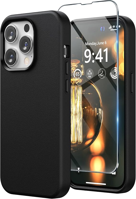 SURPHY Leather Phone Case for iPhone 14 Pro Max Case, with Screen Protector, Metallic Buttons, Microfiber Lining, Black