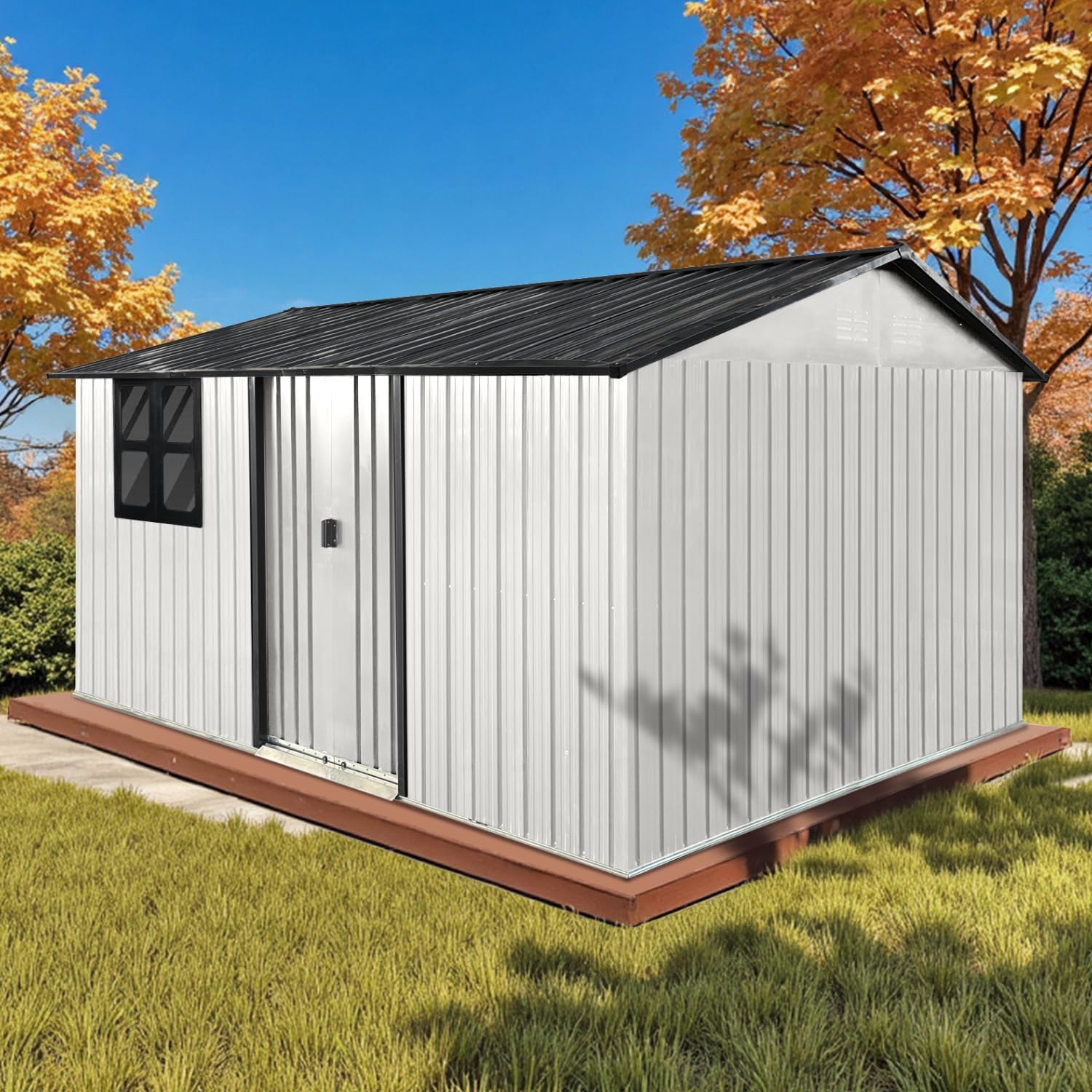 12x10 Ft Storage Shed Outdoor, XL Permanent Steel Building with Window, Sliding Doors and 4 Air Vents for Backyard Garden Patio Lawn - White