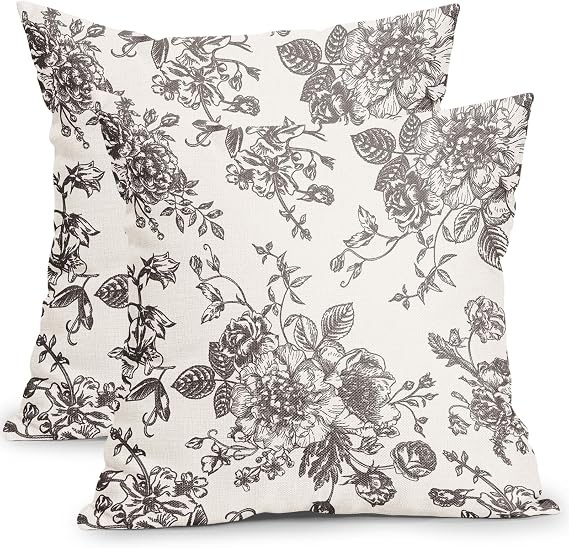 Vintage Floral Pillow Covers 20x20 Inch Set of 2 Black Brown and Cream Floral Throw Pillow Covers Chinoiserie Flower Pillowcases Rustic Farmhouse Cotton Linen Cushion Covers for Couch Bed Sofa Decor