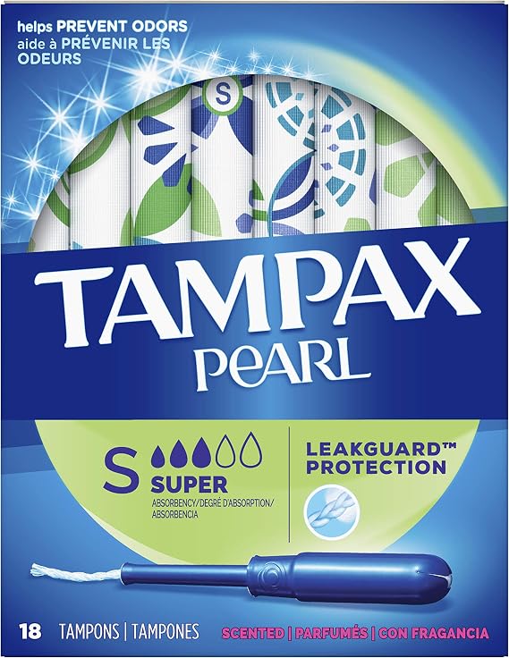Tampax Pearl Plastic Tampons, Super Absorbency, Scented, 18 Count