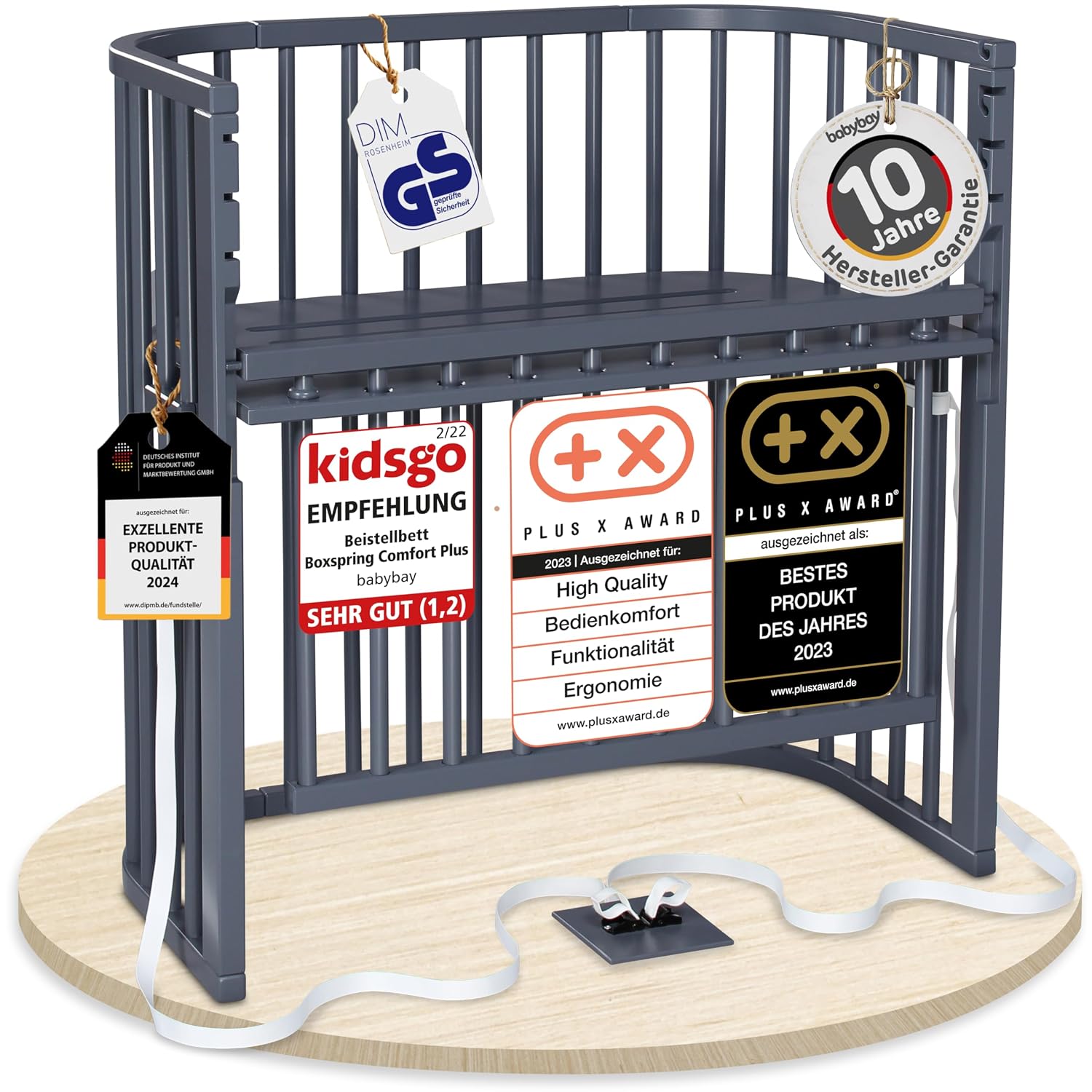 babybay Boxspring Comfort Plus Cot Made of Solid Beech Wood / Cot Bed Height Infinitely Adjustable and Environmentally Friendly / Grows with Locking Grille (Painted Slate Grey)