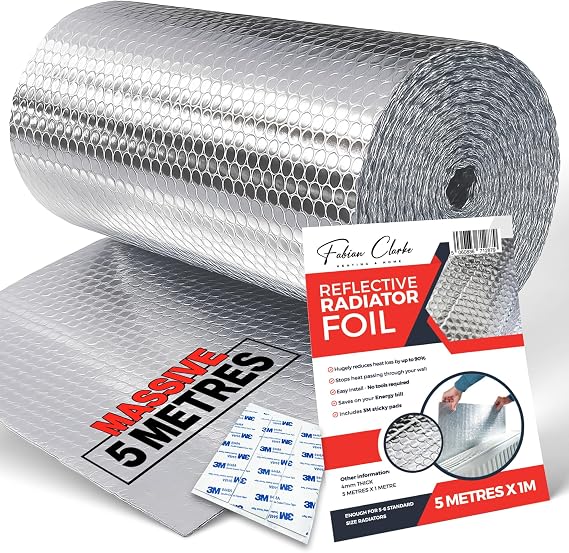 Radiator Foil Reflector Roll 5 Metre x 1M - Heat Reflective Insulation Roll Foil Sheet Backing - Thermal Bubble Wrap Energy Saving Radiator Heat Reflector Foil Insulation for Behind Radiators