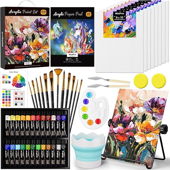 Nicpro 68PCS Acrylic Paint Canvas Set for Adults with 24 Paint for Beginner | Acrylic Paints, Table Easel, 8 Canvas Panels, 12 Brushes, Paper Pad, Cleaning Cup, Sponge, Palette, Art Painting Supplies Kit