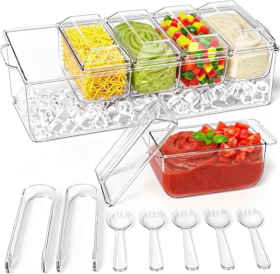 ARSTPEOE Condiment Tray, Chilled Condiment Server for Home, Party, Celebration, Bar Garnish Holder on Ice, Bar Accessories Fruit and Salad with Removable Trays and Lids (5 Spoons & 2 Tongs)