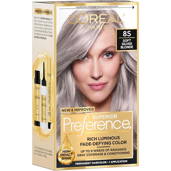 L'Oreal Paris Superior Preference Luminous Fade-Defying Permanent Hair Color, Hair Dye For Up to 9 Weeks of Radiance, Light Silver Blonde 8S, 1 Hair Dye Kit
