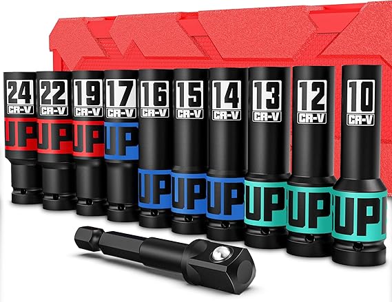 1/2" Drive Impact Socket Set, 11Pcs Deep Sockets, 10-24 mm Hex Long Socket Set, with 1/4" Hex Shank to 1/2" lmpact Square Drive, Repair Automotive Truck Tractor Engine Maintenance