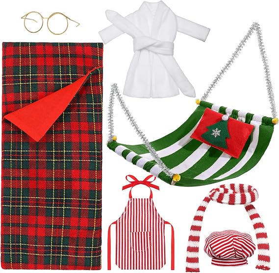 Aoriher 8 Pcs Christmas Doll Outfit Sleeping Bag Bathrobe, Green Stripes